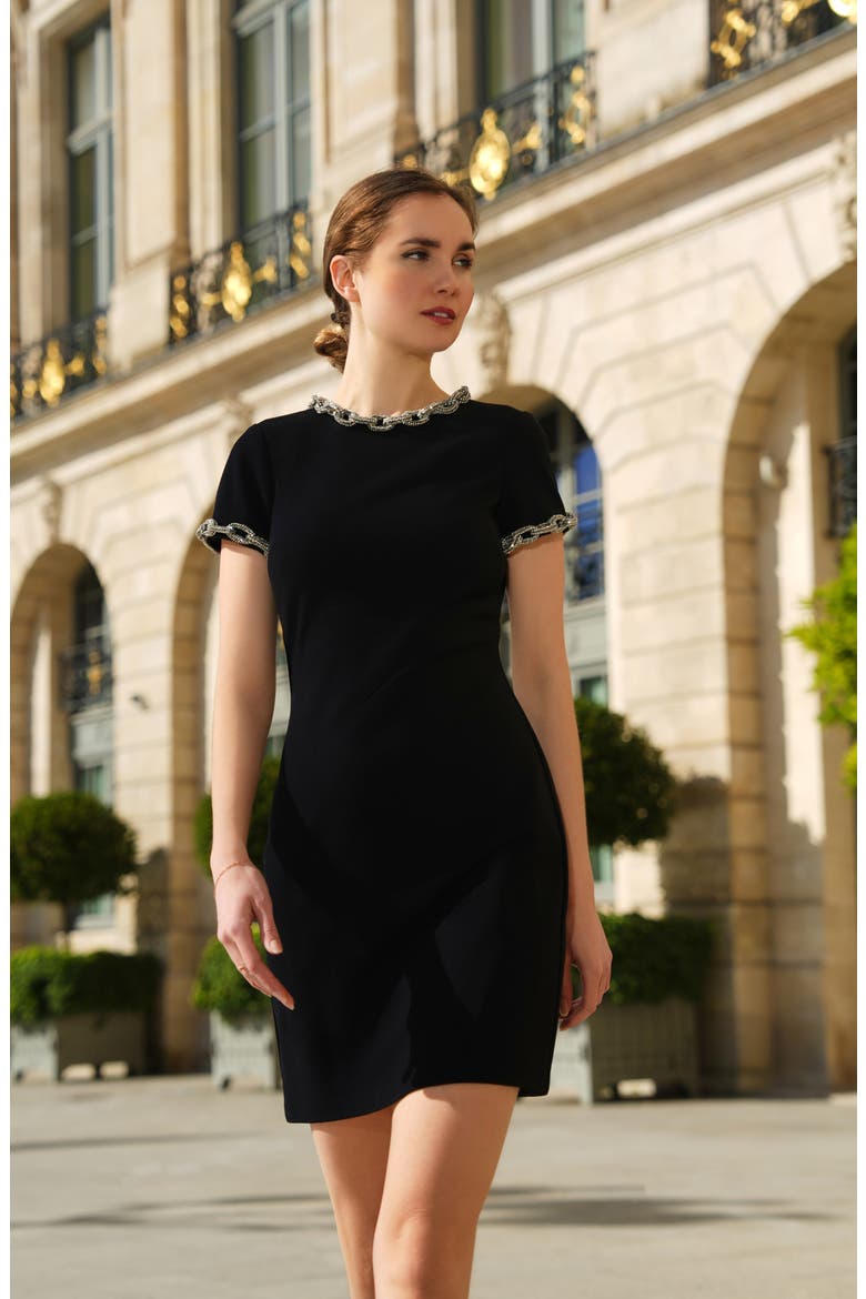 Embellished Crepe Sheath Dress, Alternate, color, BLACK