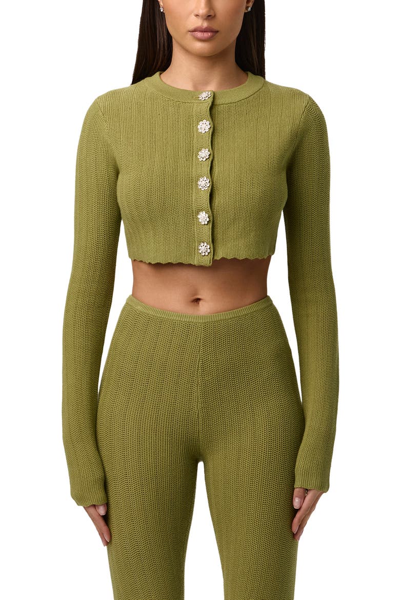 Flower Button Crop Cardigan, Main, color, SAGE