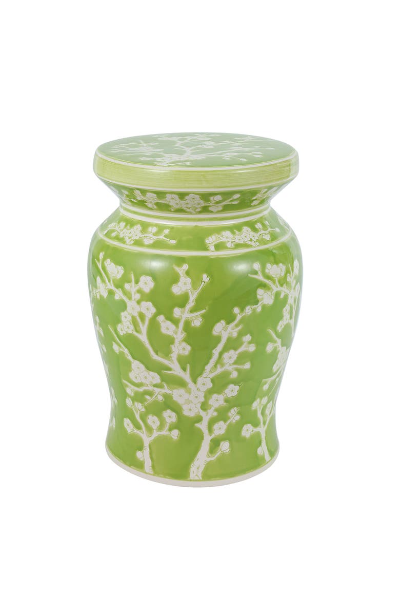 JONATHAN Y Cherry Blossom 17.75" Ceramic Garden Stool, Main, color, Green/White