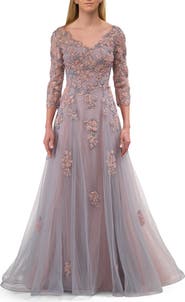 La Femme Two Tone Tulle A-line Dress with Beaded Lace Applique