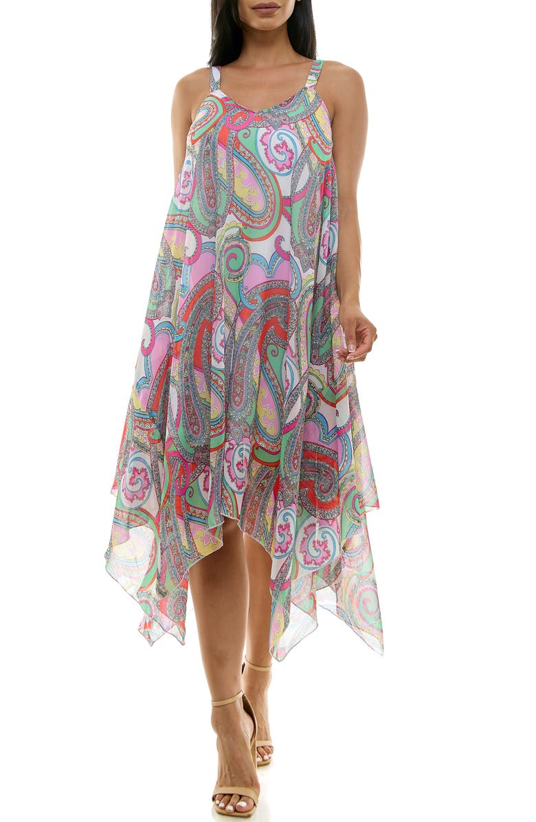 Nina Leonard Patterned Handkerchief Hem Dress, Main, color, Orange Multi