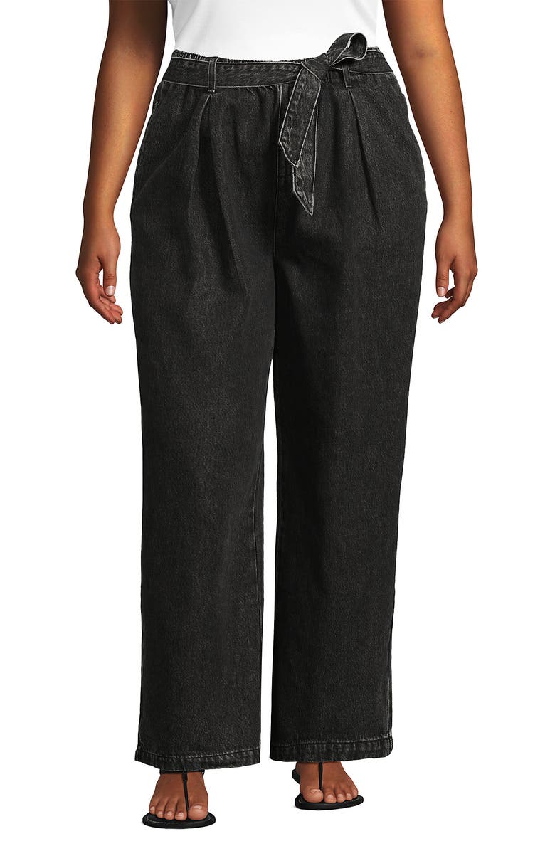 Lands' End Plus Size High Ridge Twill Pull On Pleated Wide Leg Pants, Main, color, Black Stone Wash