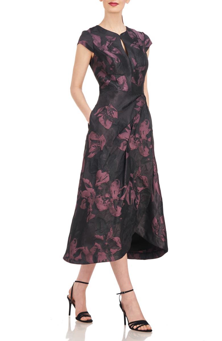 Kay Unger Massima Metallic Floral Jacquard Midi Cocktail Dress, Alternate, color,