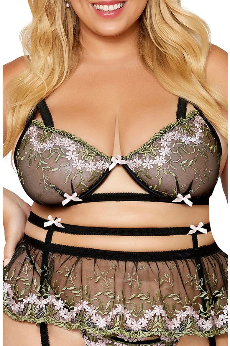 Embroidered Underwire Bra, Garter Belt & Thong Set, Alternate, color, BLACK/PINK