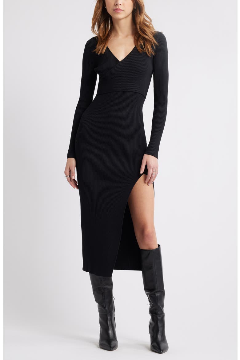Luxe Long Sleeve Sculpt Rib Faux-Wrap Dress, Main, color, BLACK