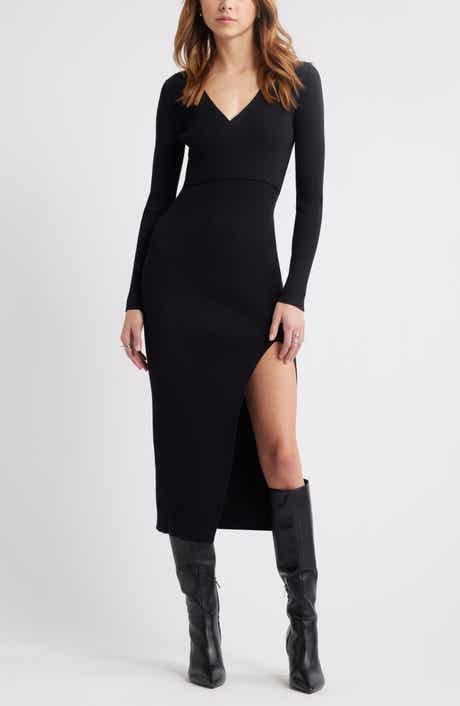 Luxe Long Sleeve Sculpt Rib Faux-Wrap Dress