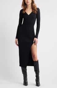 Open Edit Luxe Long Sleeve Sculpt Rib Faux-Wrap Dress