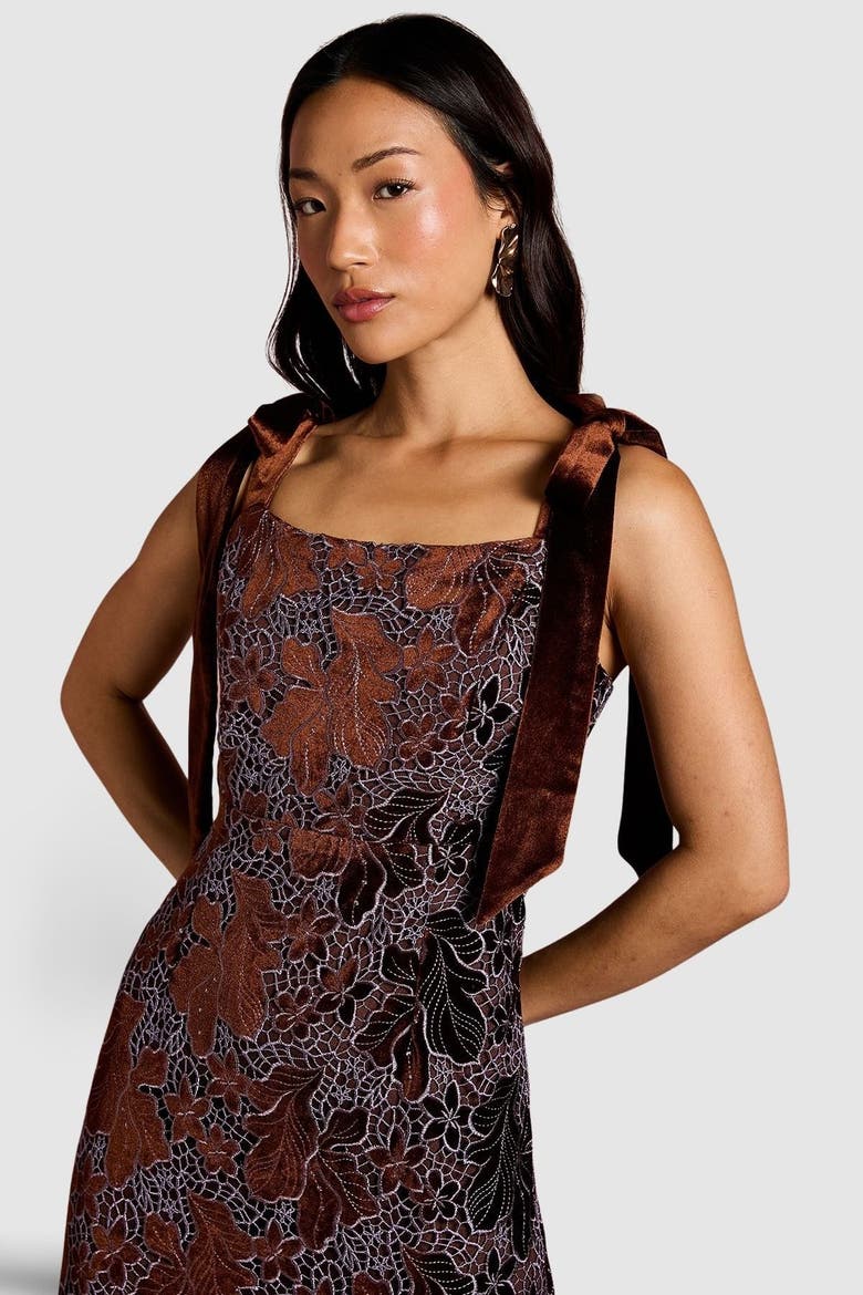 Velvet Lace Tie Shoulder Midi Dress, Alternate, color, Toffee