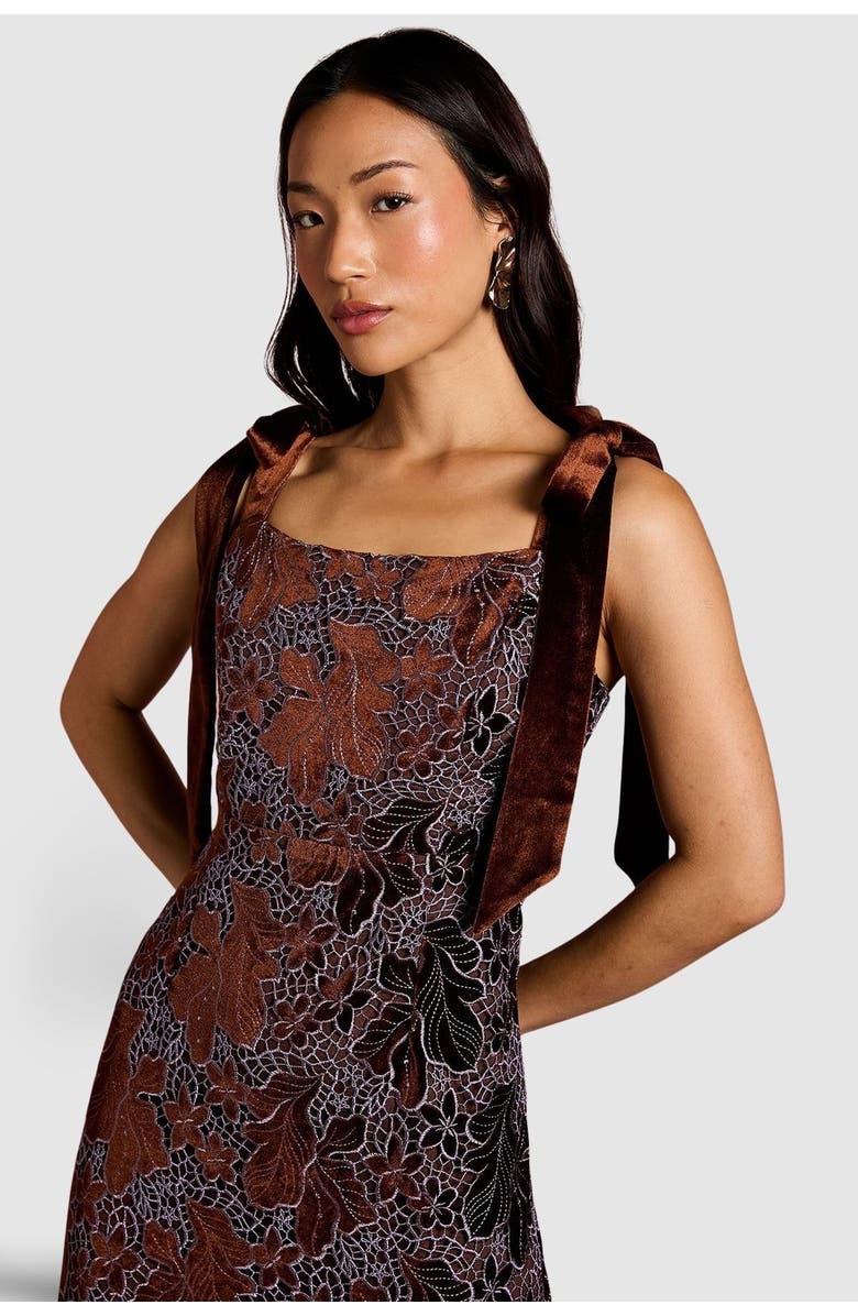 Coast Velvet Lace Tie Shoulder Midi Dress, Alternate, color, Toffee