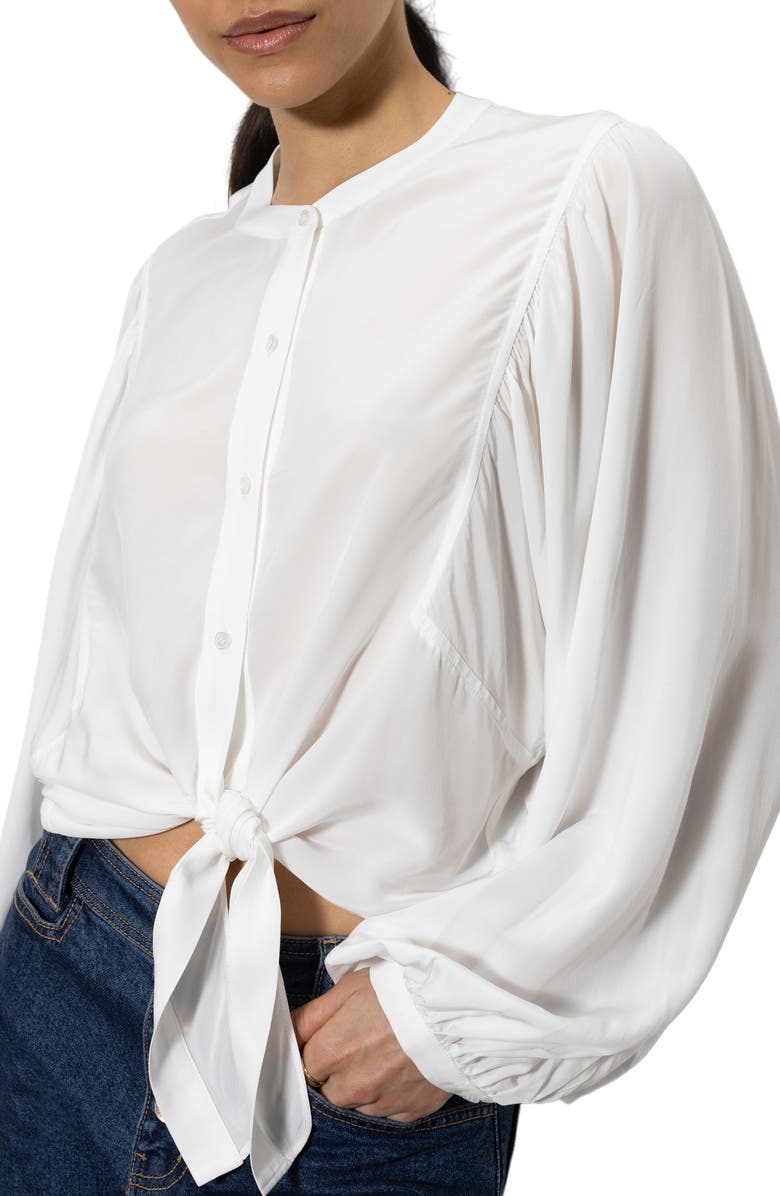 Sanctuary Voluminous Sleeve Tie Hem Button-Up Top, Alternate, color, 