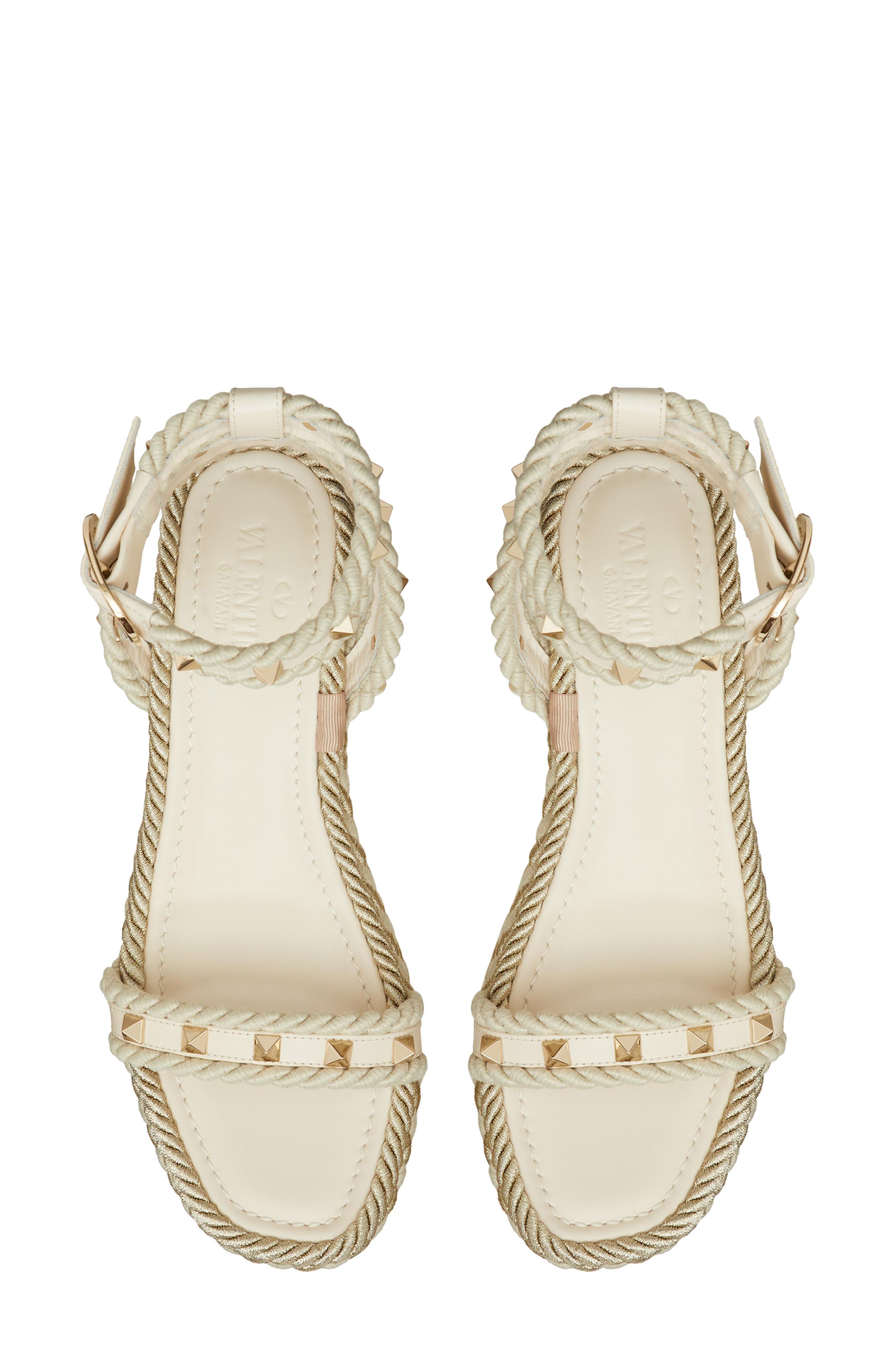 Valentino Garavani Rockstud Flatform Espadrille Sandal, Alternate, color, Light Ivory