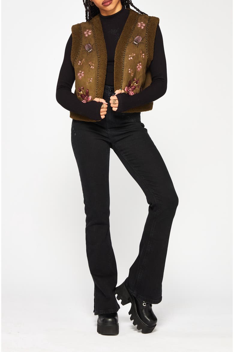 Sylvara Borg Embroidered Bug Gilet, Alternate, color, Brown