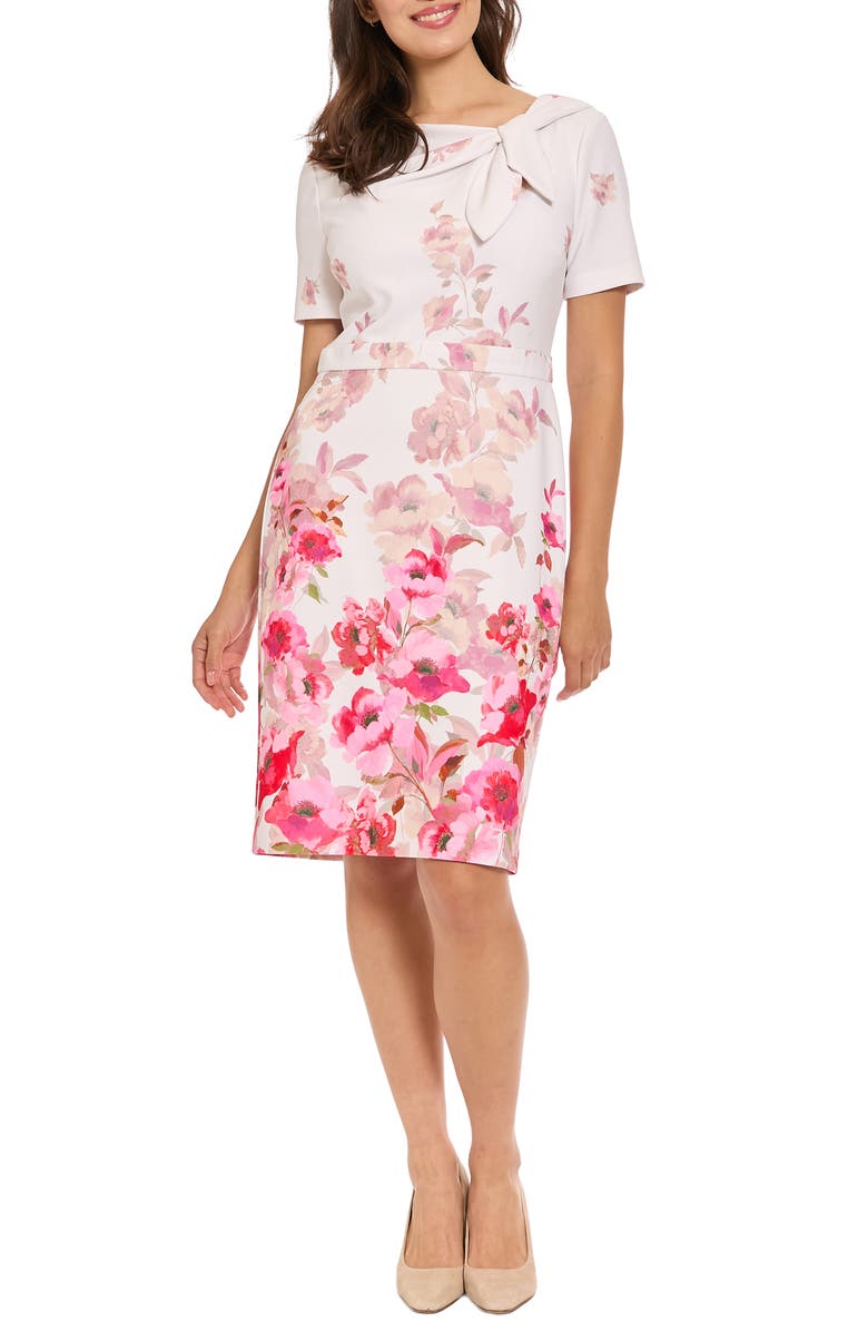 London Times Floral Tie Neck Short Sleeve Sheath Dress, Main, color, Ivory/ Pink