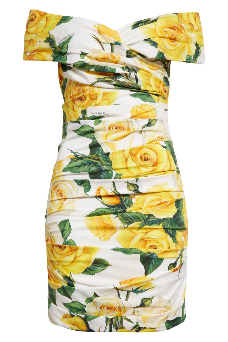 Rose Print Off the Shoulder Stretch Cotton Minidress, Alternate, color, WHITE/ ROSES