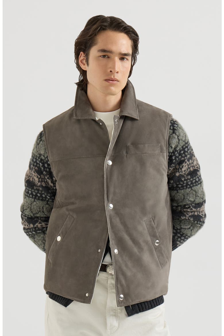 Suede down vest with shirt-style collar, Main, color, Grey