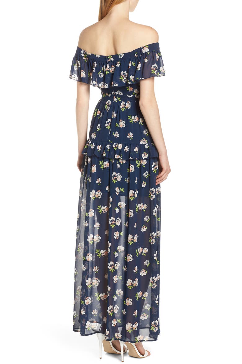 Off the Shoulder Ruffle Maxi Dress, Alternate, color, NAVY PEACH FLORAL