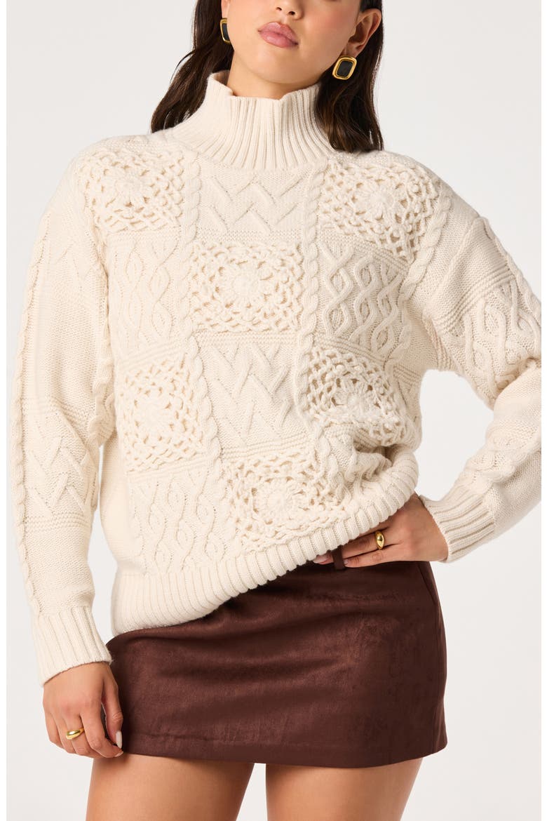 Fiala Cable & Crochet Mock Neck Sweater, Alternate, color, IVORY