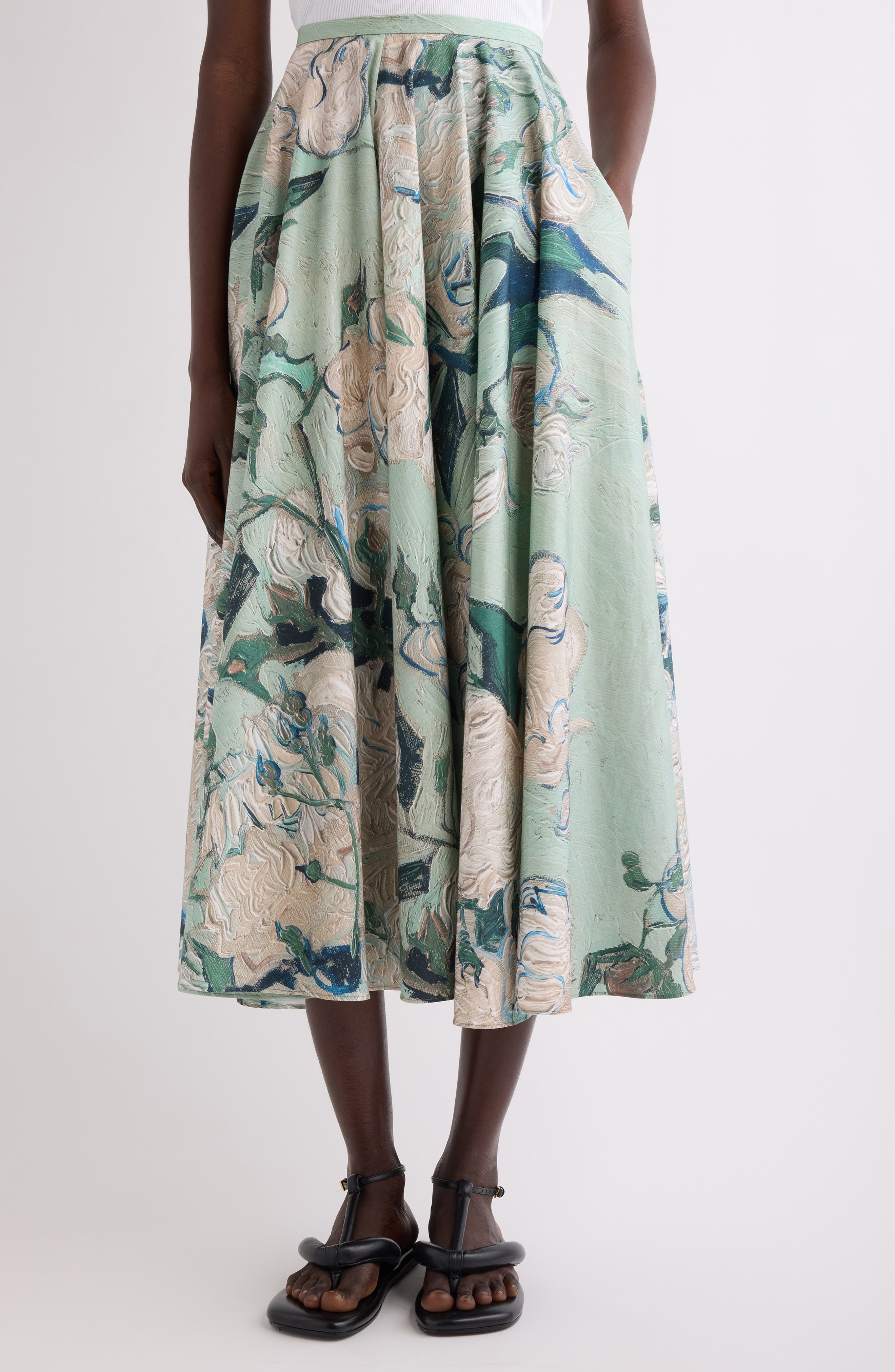 Rose Jacquard Gathered Cotton A-Line Midi Skirt