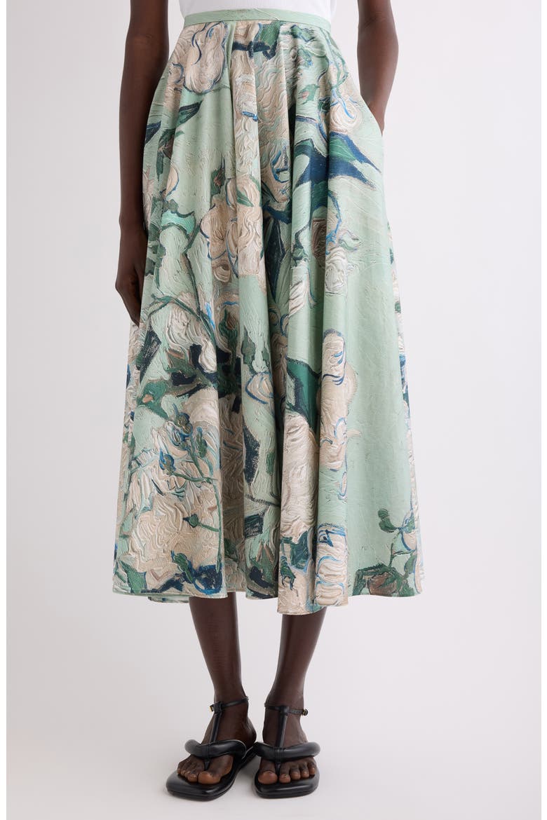 Rose Jacquard Gathered Cotton A-Line Midi Skirt, Main, color, MINT GREEN
