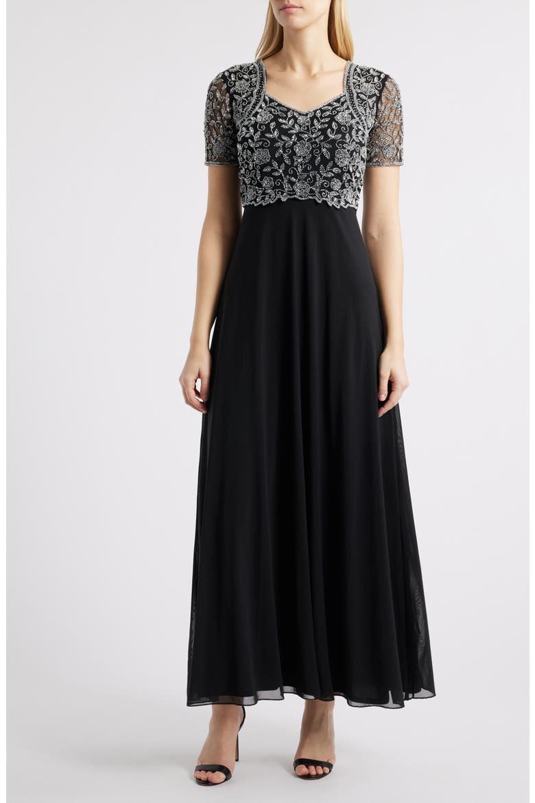 Beaded Bodice A-Line Gown, Main, color, BLACK/SILVER 013