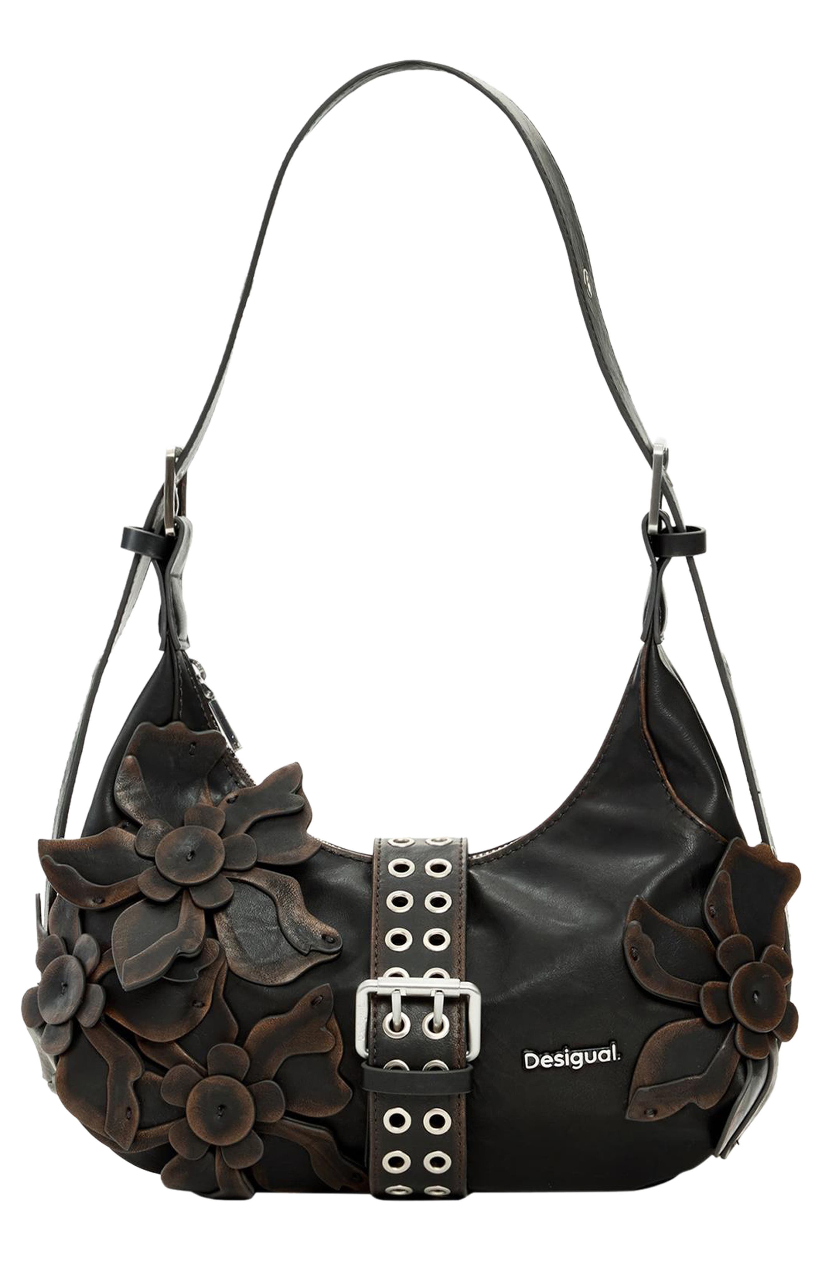 Desigual Floral Appliqué Faux Leather Shoulder Bag, Main, color, 