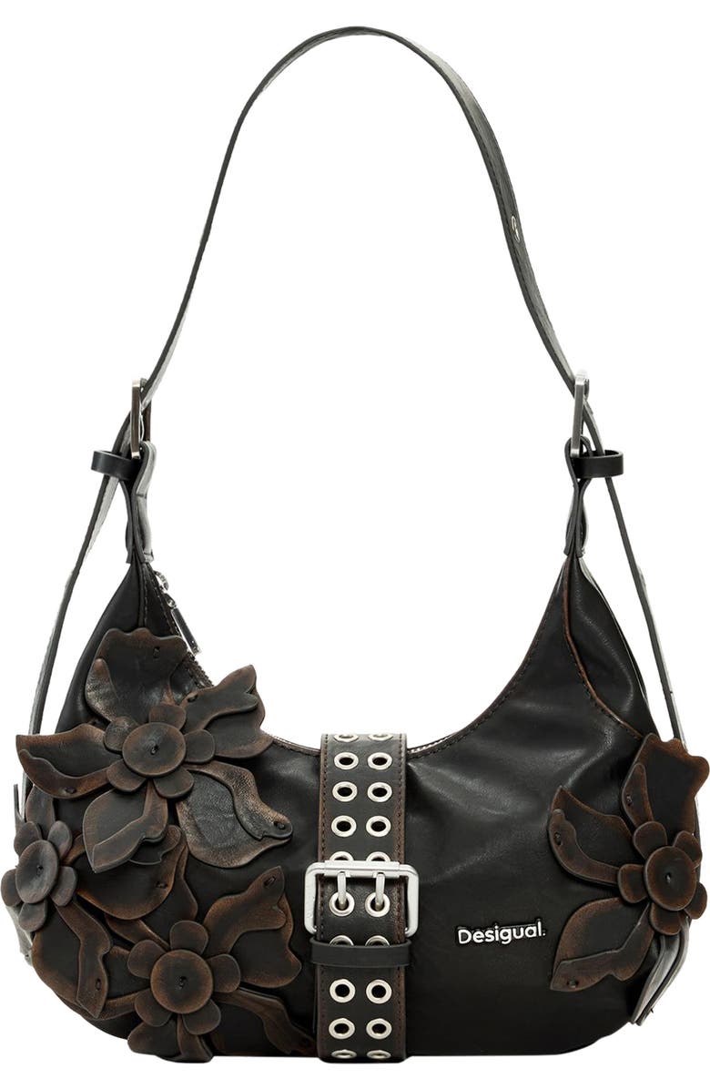 Desigual Floral Appliqué Faux Leather Shoulder Bag, Main, color,