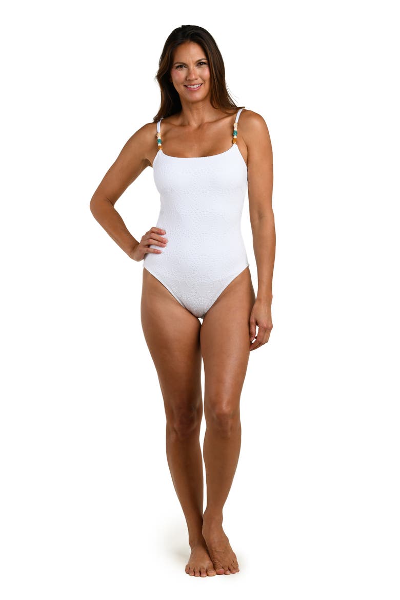 Shell Bound Beaded Strap One-Piece Swimsuit, Alternate, color, WHITE