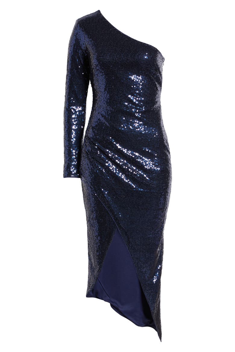 Deja Vu Sequin One-Shoulder Gown, Alternate, color, NAVY BLUE