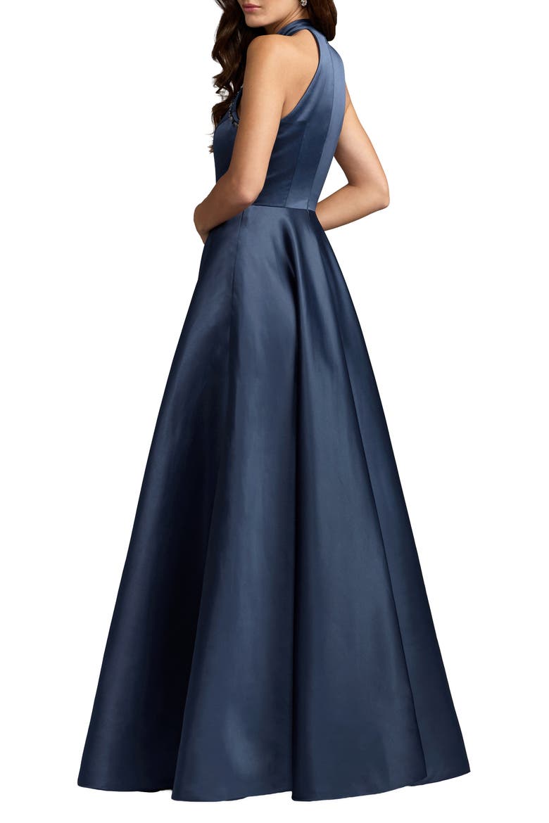 Satin Sleeveless Floral Detail A Line Gown, Alternate, color, Midnight