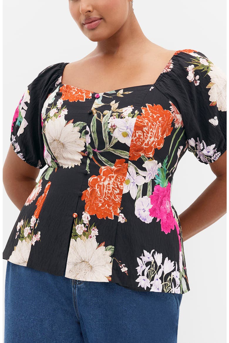 Daydreams Floral Puff Sleeve Peplum Top, Main, color, BLK BOTANIQUE B