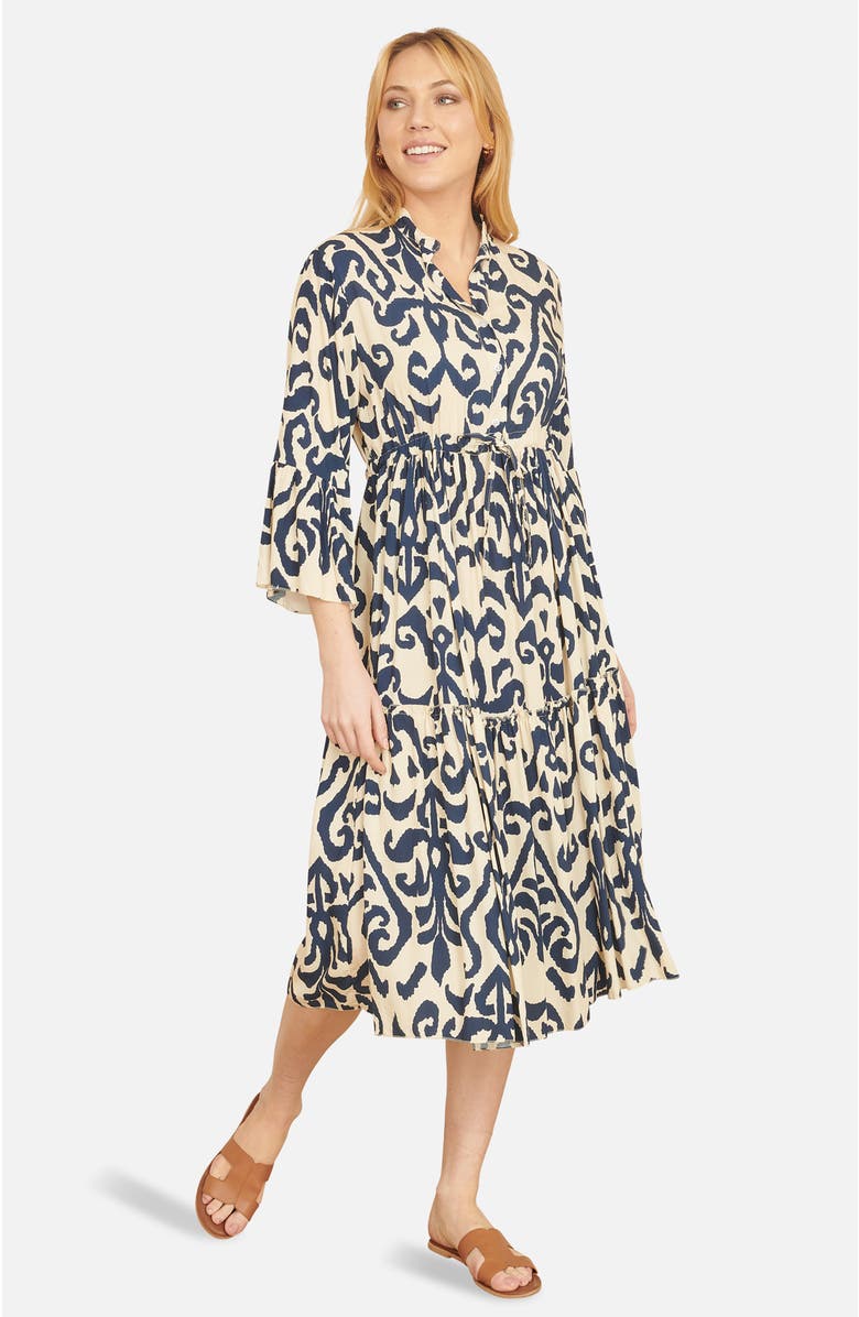 Yumi 3/4 Sleeve Block Print Kaftan Dress, Alternate, color, Ivory