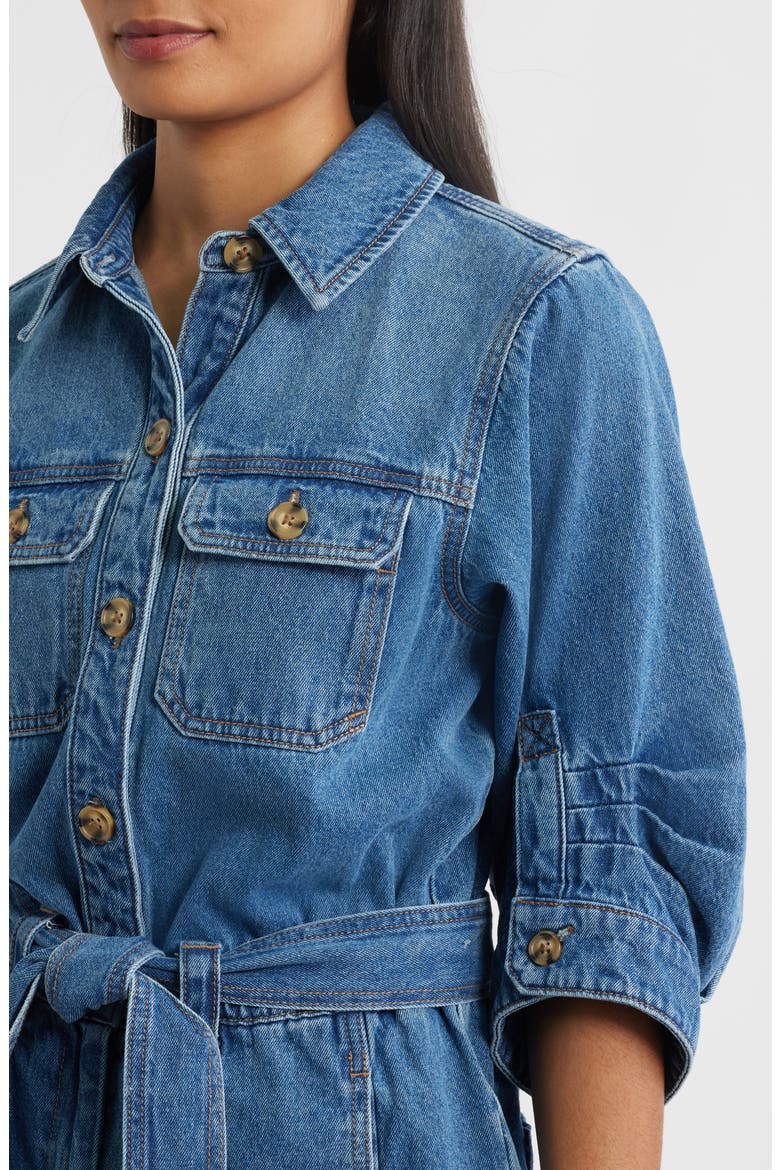 Barrel Sleeve Tie Waist Denim Romper, Alternate, color, MID BLUE