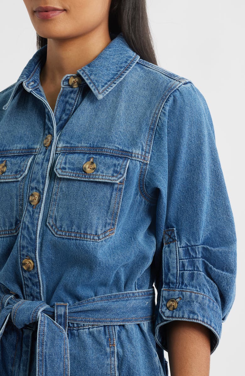 Wit & Wisdom Barrel Sleeve Tie Waist Denim Romper, Alternate, color, Mid Blue