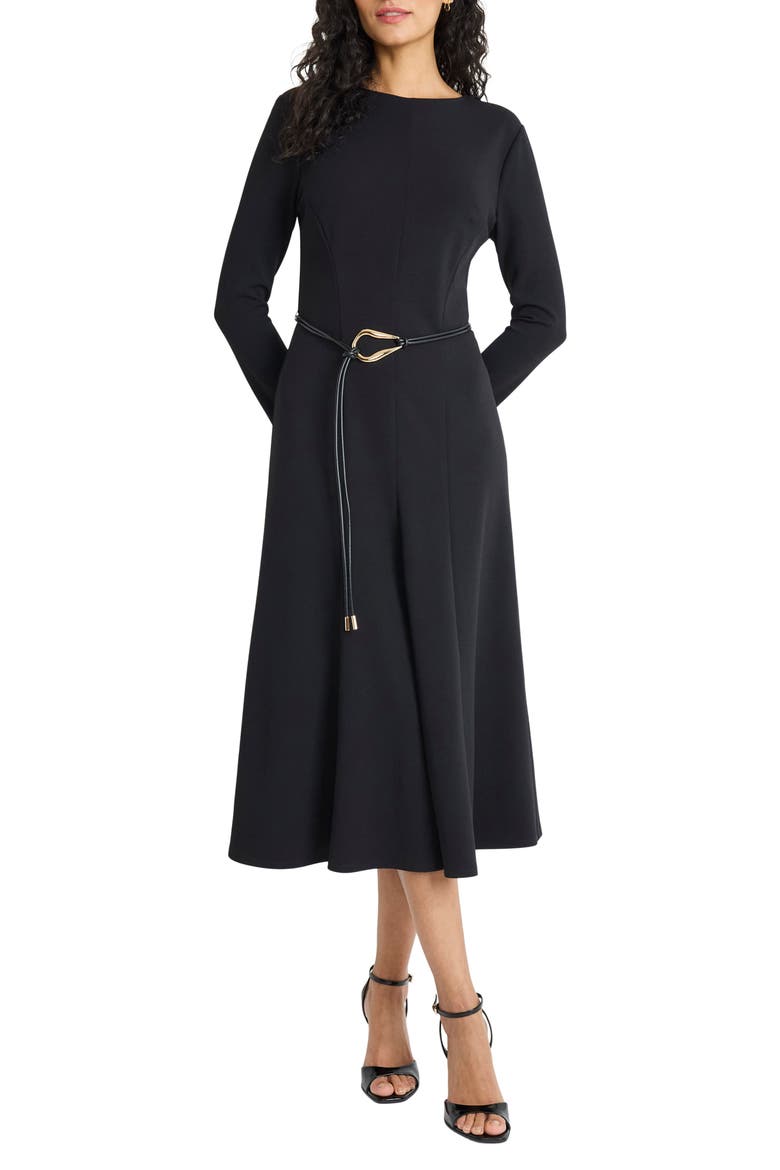 Long Sleeve Tie Waist Midi Dress, Main, color, BLACK