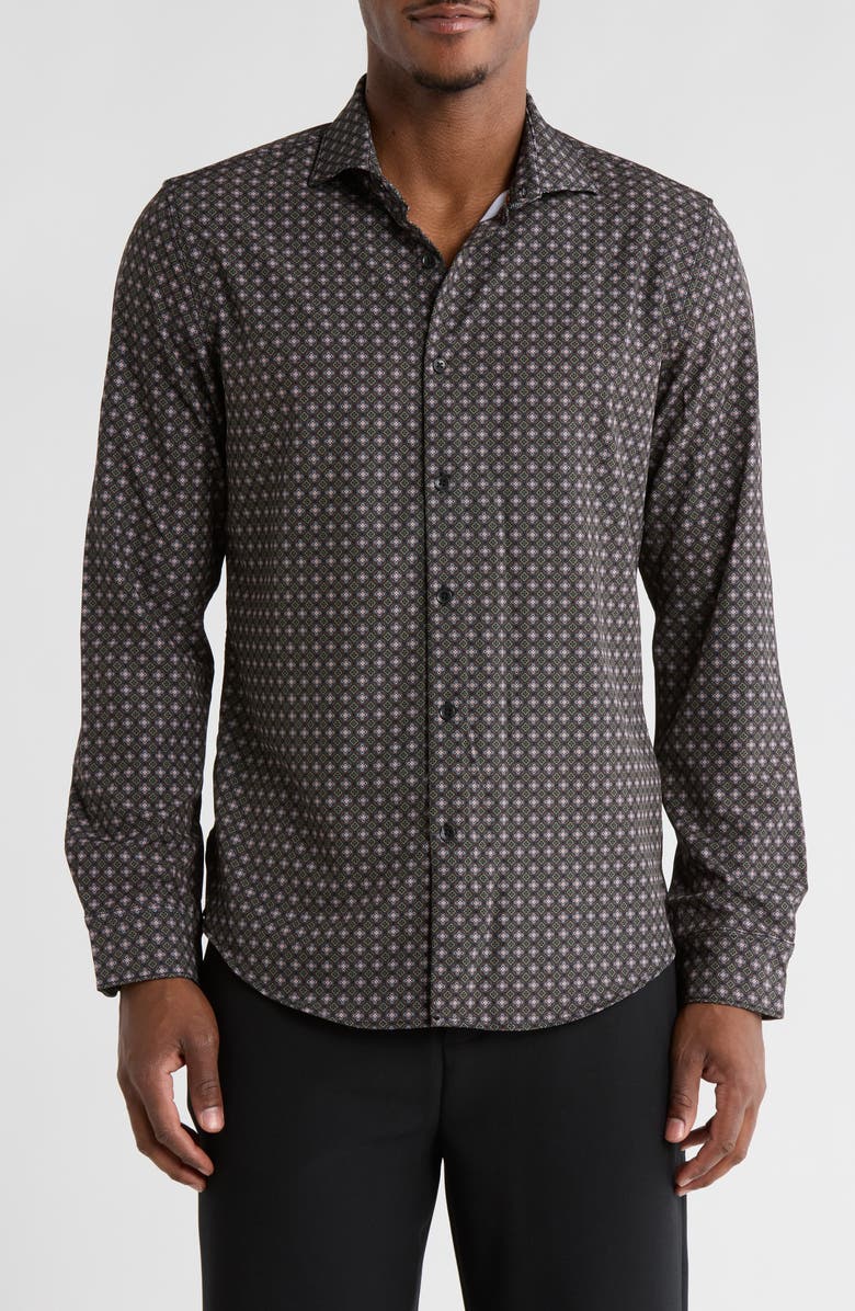 DENIM AND FLOWER Geo Floral Stretch Button-Up Shirt, Main, color, Black