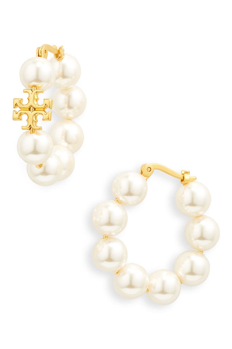 Kira Imitation Pearl Hoop Earrings, Main, color, ROLLED BRASS / IVORY