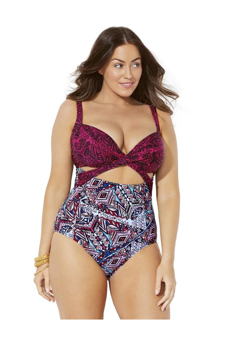 Cut Out Underwire One Piece Swimsuit, Main, color, Aztec