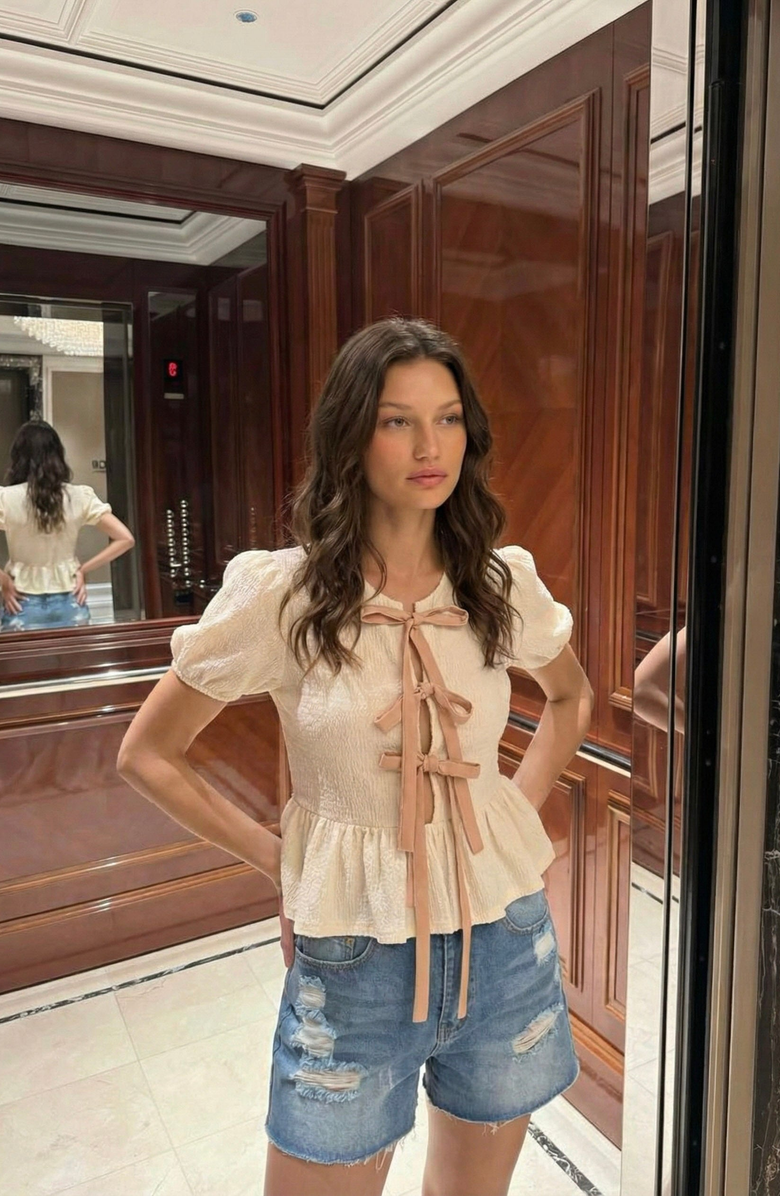 Modenaire Puff-Sleeve Bow-Tie Front Peplum Blouse, Alternate, color, Cream