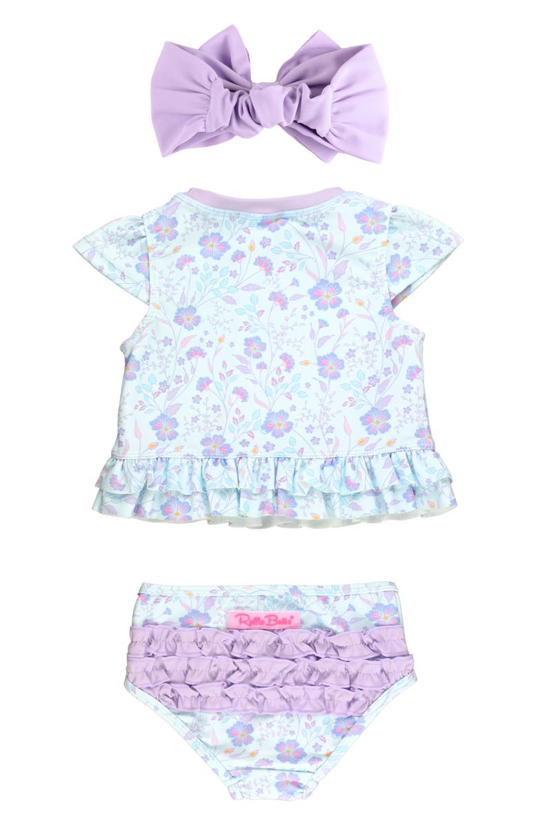 RuffleButts Kids' Floral Print Two-Piece Swimsuit & Bow Head Wrap Set, Alternate, color, 