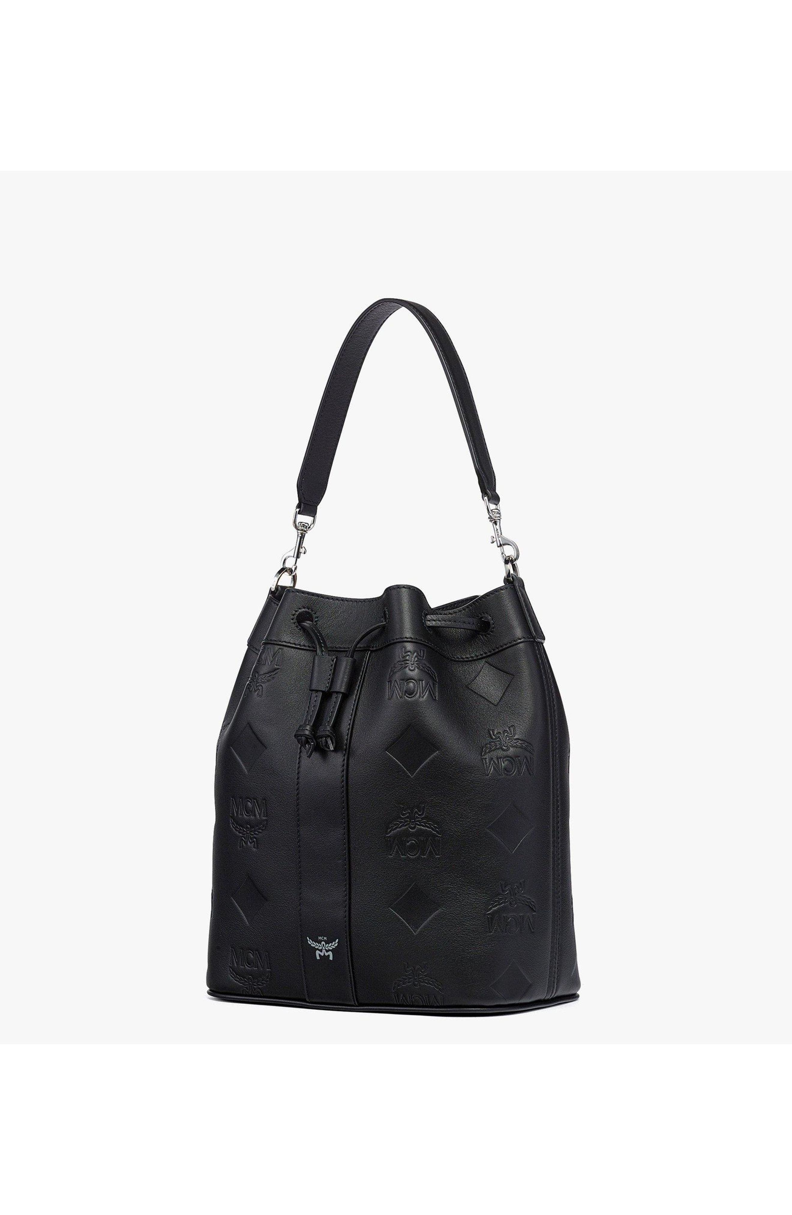 MCM Medium Dessau Drawstring Bag in Maxi Monogram Leather, Alternate, color, Black