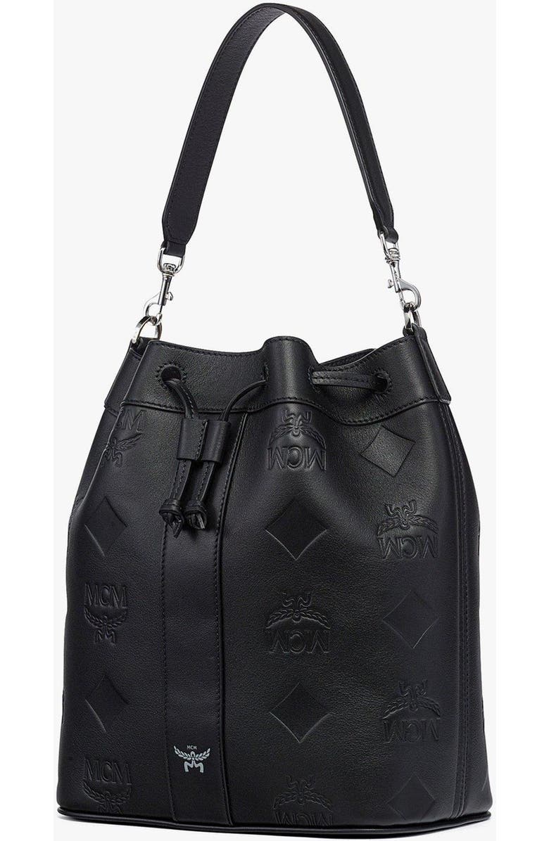 MCM Medium Dessau Drawstring Bag in Maxi Monogram Leather, Alternate, color, Black