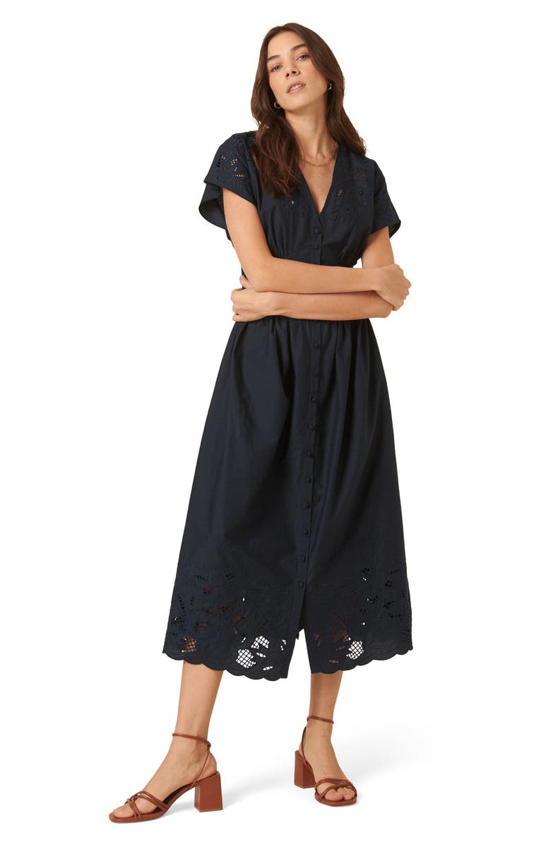 Nobody's Child Levi Embroidered Organic Cotton Midi Dress, Alternate, color, Navy