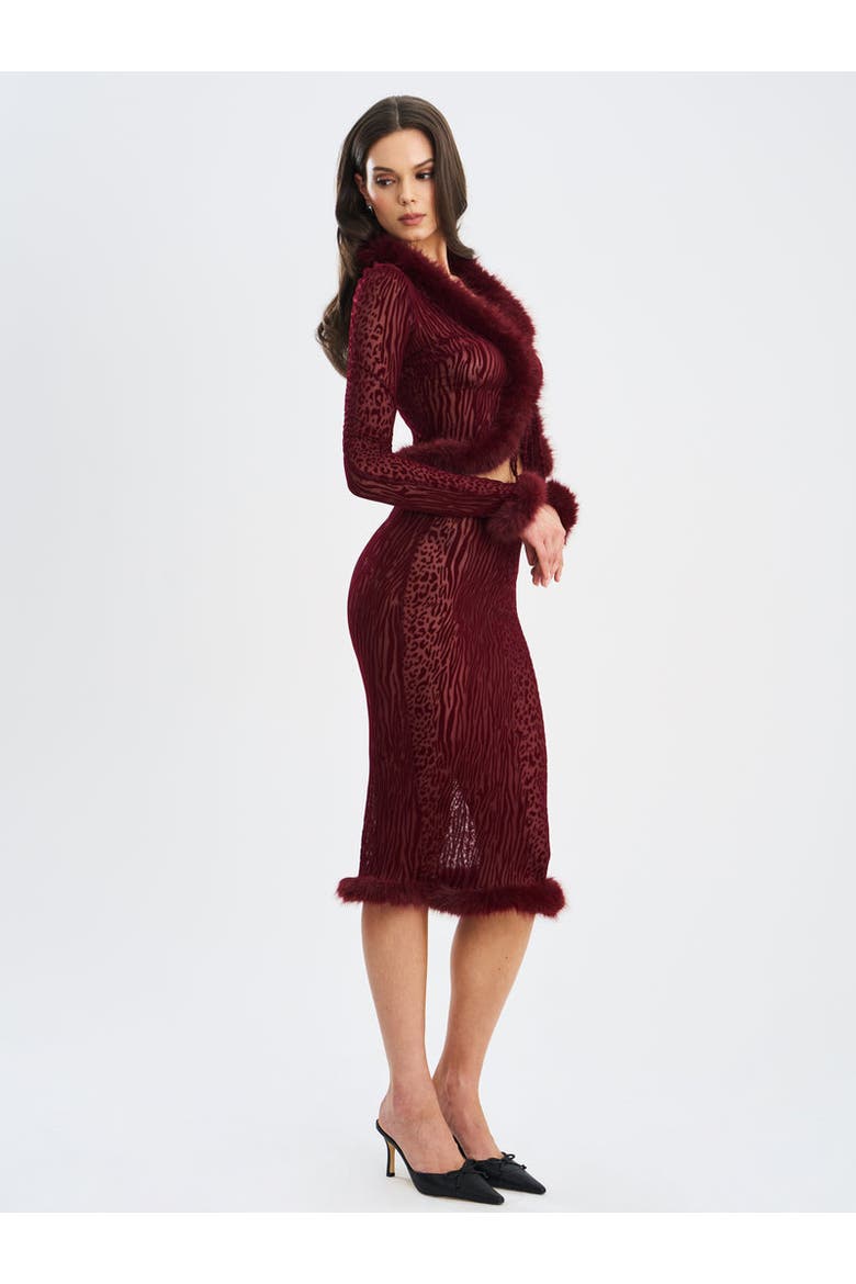 Haliia Burnout Velvet Faux Fur Trim Skirt, Alternate, color, Burgundy