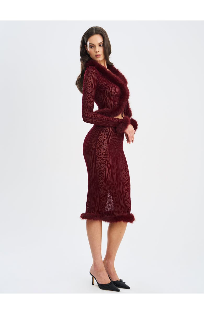 Miss Circle Haliia Burnout Velvet Faux Fur Trim Skirt, Alternate, color, Burgundy