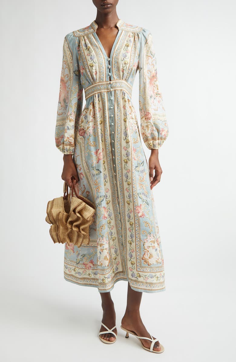 Zimmermann Roselight Plunge Long Sleeve Linen & Silk Midi Dress, Main, color, Blue Tapestry Floral