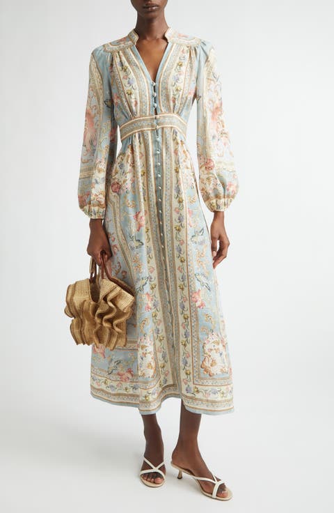 Roselight Plunge Long Sleeve Linen & Silk Midi Dress