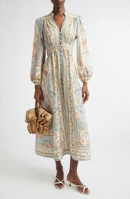 Zimmermann Roselight Plunge Long Sleeve Linen & Silk Midi Dress