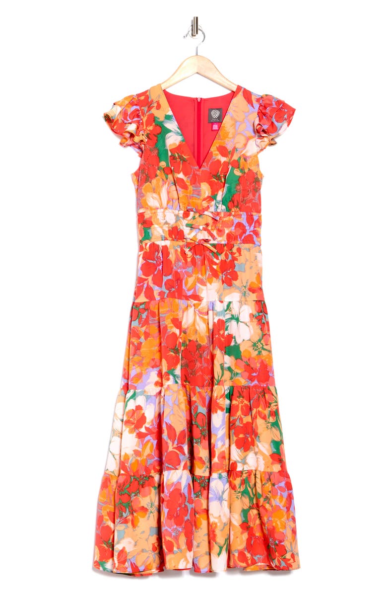 Vince Camuto Floral Cap Sleeve Tiered Midi Dress, Alternate, color, Orange Multi