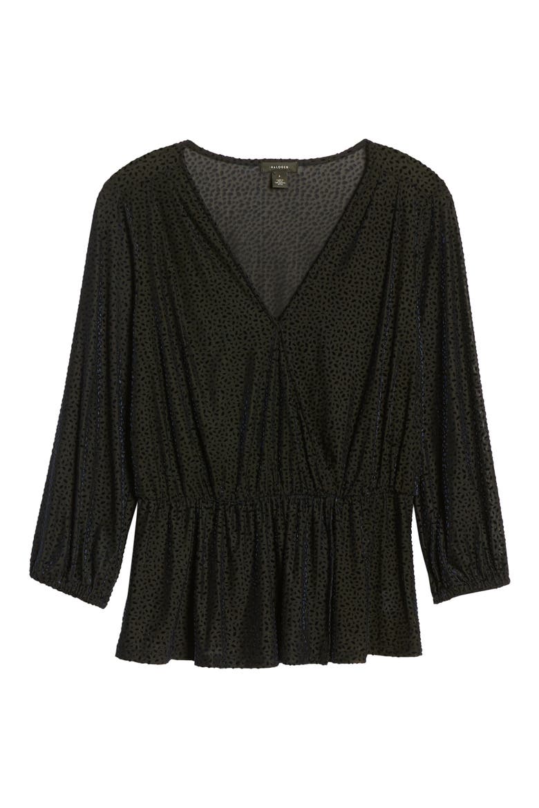 Flocked Peplum Top, Alternate, color, NAVY FLOCKED OVAL PATTERN