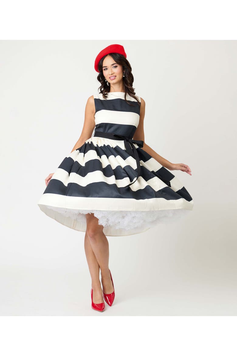 Sleeveless Belted Swing Dress, Alternate, color, Black & Ivory Stripes